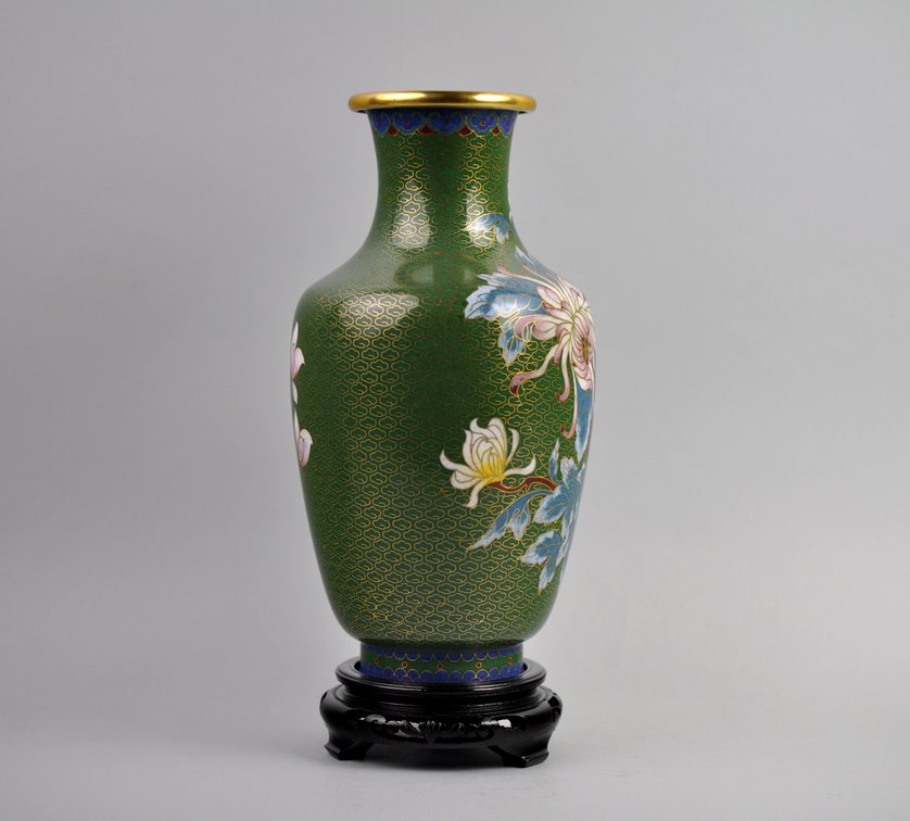Chinese Cloisonné Floral Vases Pair, photo 22 of 24