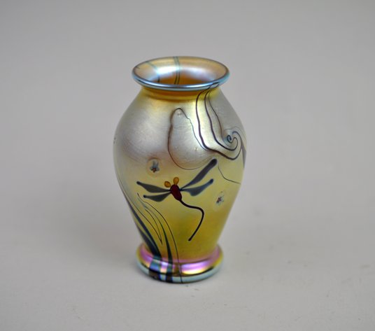 Lundberg Signed Dragonfly Iridescent Miniature Vase