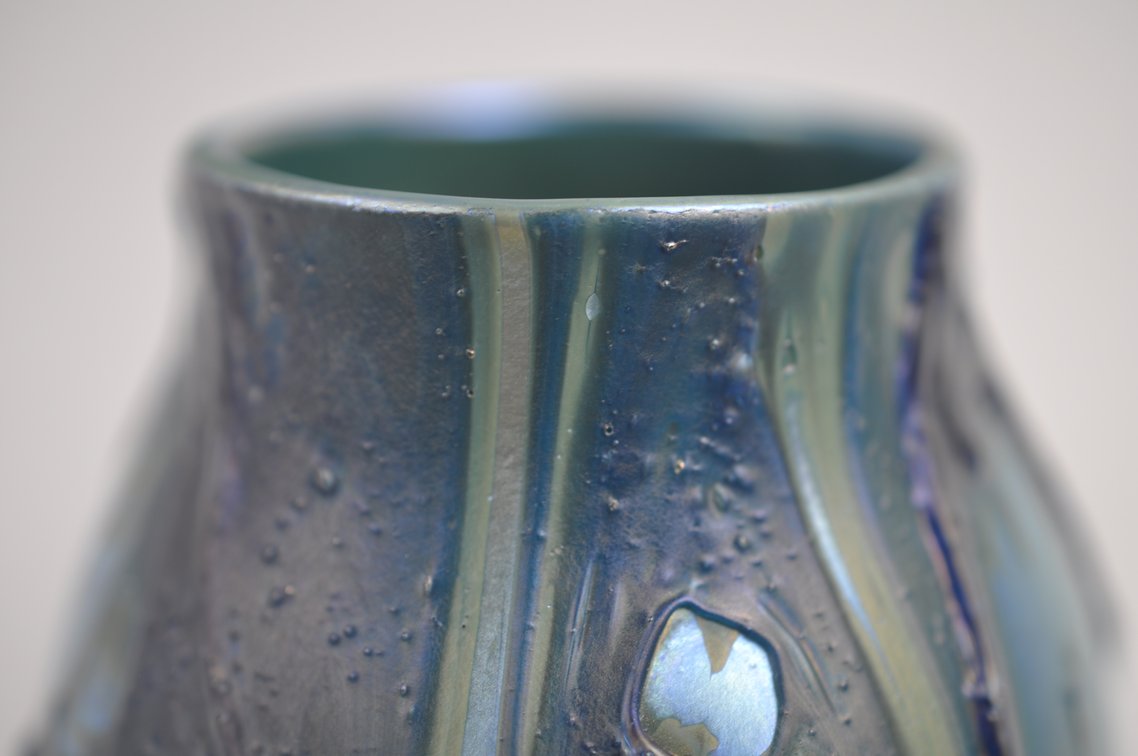 Charles Lotton Blue Iridescent Lava Glass Vase, photo 2 of 9
