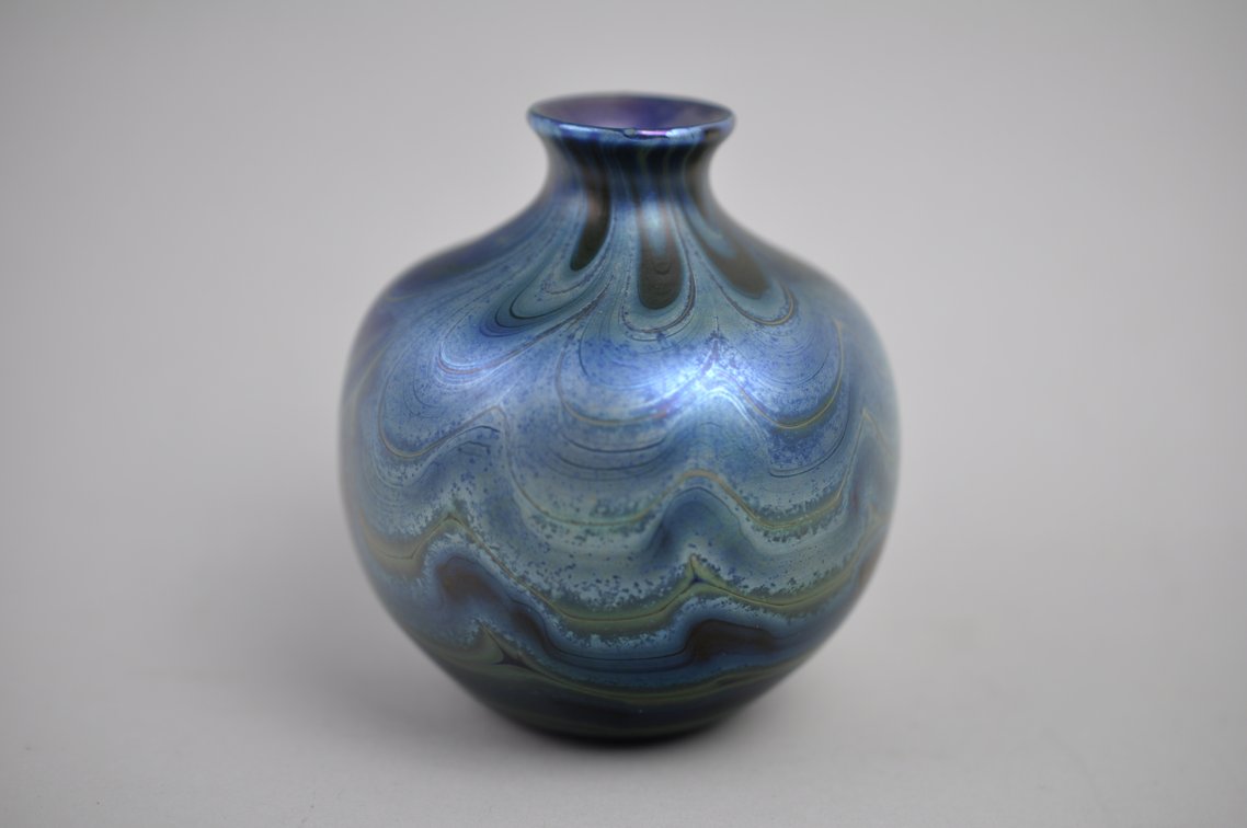 Charles Lotton Blue Iridescent Wavy Vase, photo 2 of 8