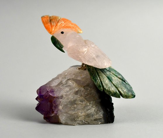 Carved Brazilian Crystal Parrot on Amethyst Cluster