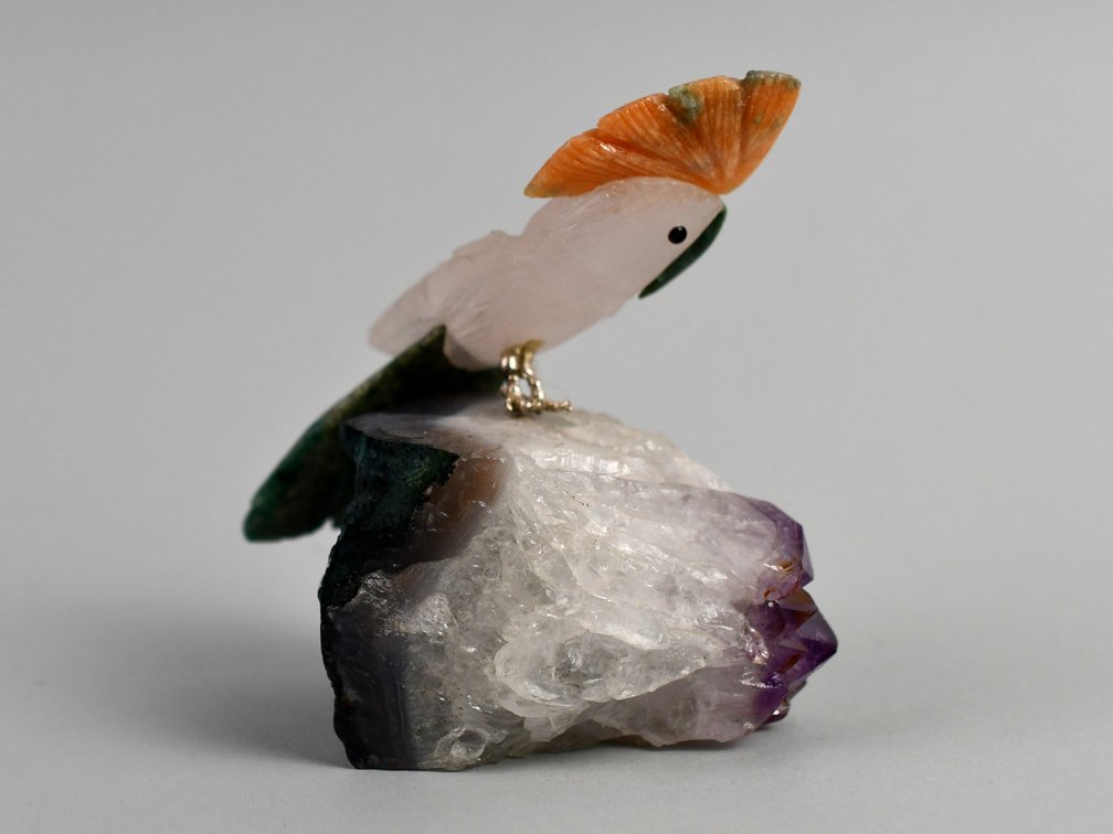 Carved Brazilian Crystal Parrot on Amethyst Cluster, photo 10 of 17