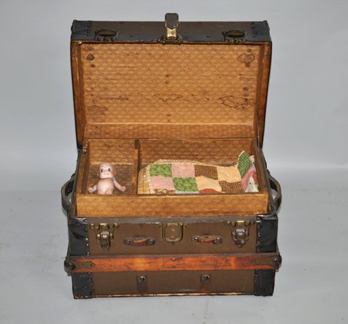 Kewpie Doll , Victorian Doll Trunk, & Handmade Doll Quilt