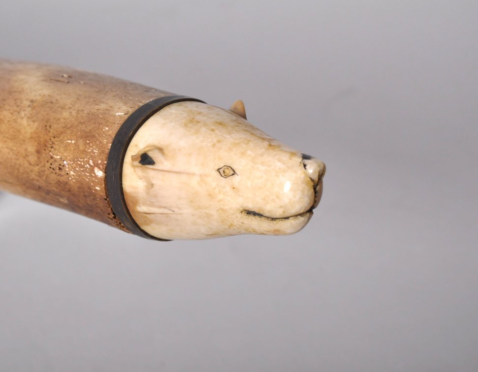 Inuit Walrus Bone Oosik Club with a Bear Figure, photo 16 of 24