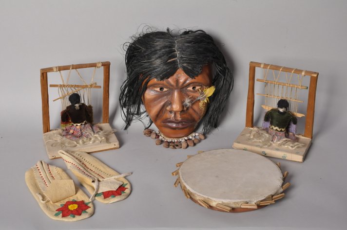 Moccasins, Clay Frame Drum, Weavers, and Mask