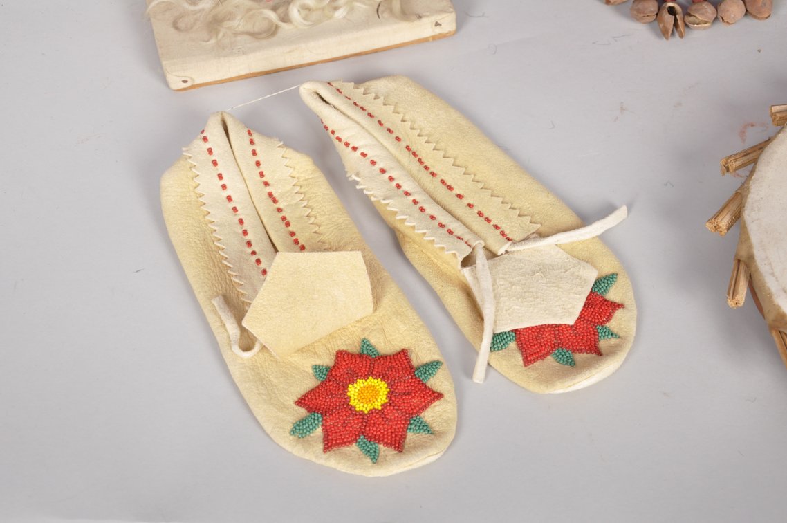 Moccasins, Clay Frame Drum, Weavers, and Mask, photo 3 of 10