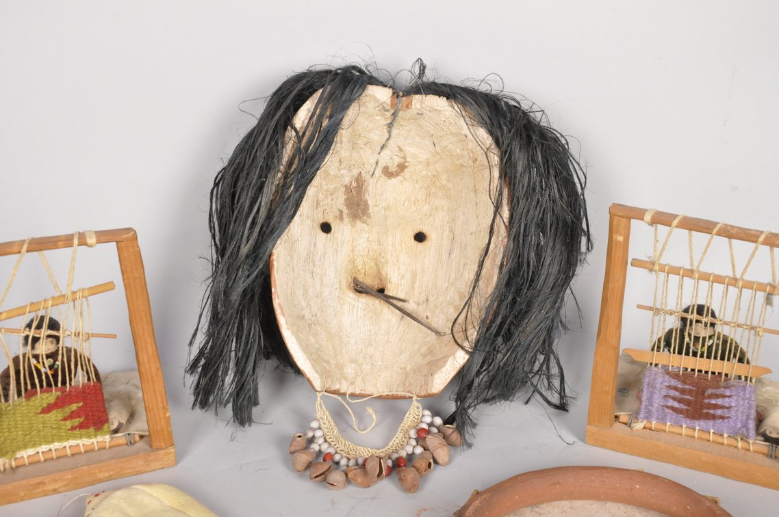 Moccasins, Clay Frame Drum, Weavers, and Mask, photo 10 of 10