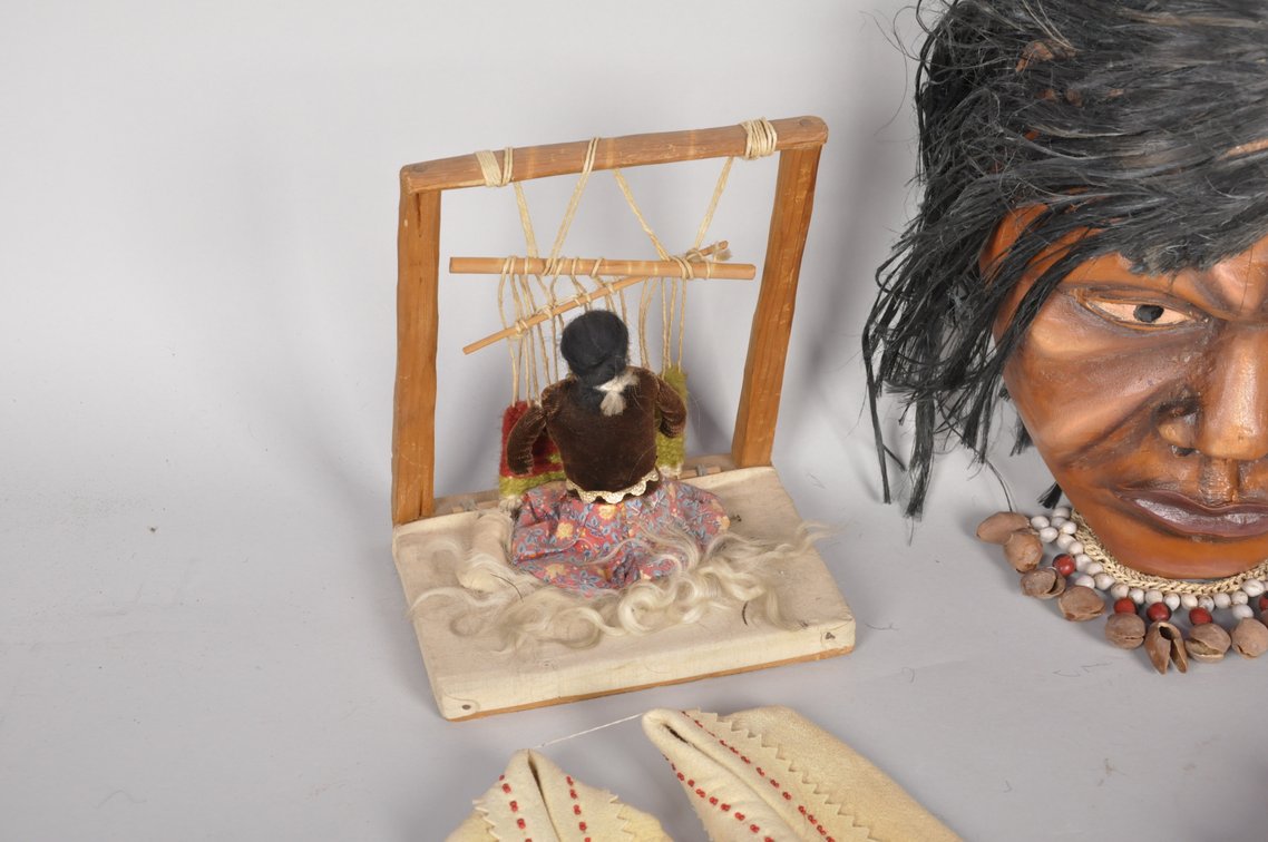 Moccasins, Clay Frame Drum, Weavers, and Mask, photo 6 of 10