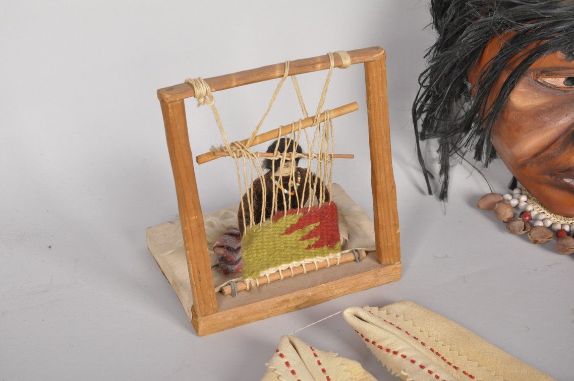 Moccasins, Clay Frame Drum, Weavers, and Mask, photo 7 of 10
