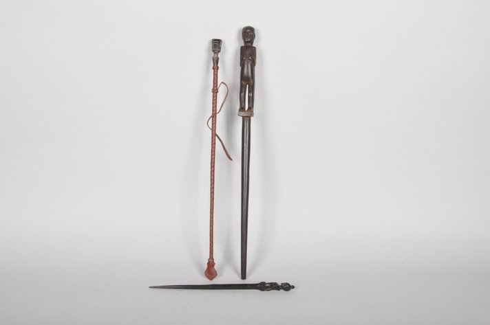 African Carved Wooden Figural Staffs and Whip