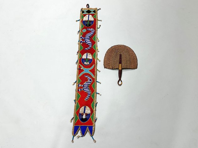 African Beaded Yoruba Sash and a Woven Fiber Fan