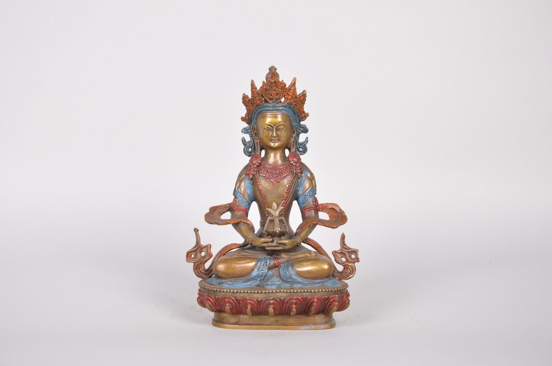 Amitayus Deity Buddha Bronze Painted Sculpture, photo 2 of 8