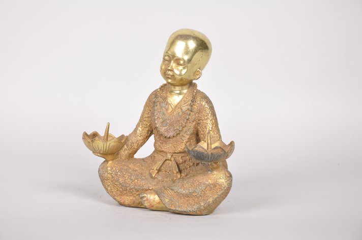 Monk Lotus Flower Bronze with Gold Gilt Candle Holder