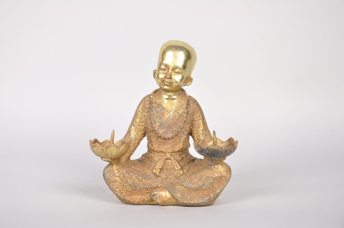 Monk Lotus Flower Bronze with Gold Gilt Candle Holder, photo 2 of 8