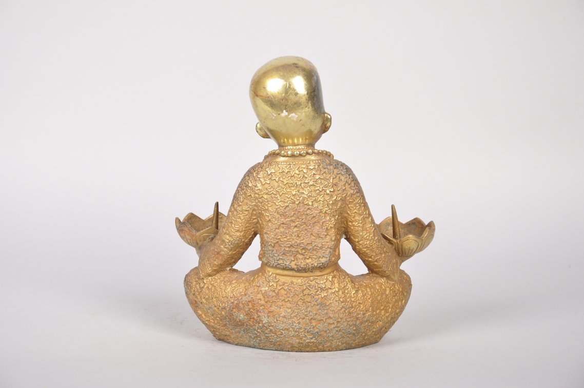 Monk Lotus Flower Bronze with Gold Gilt Candle Holder, photo 6 of 8