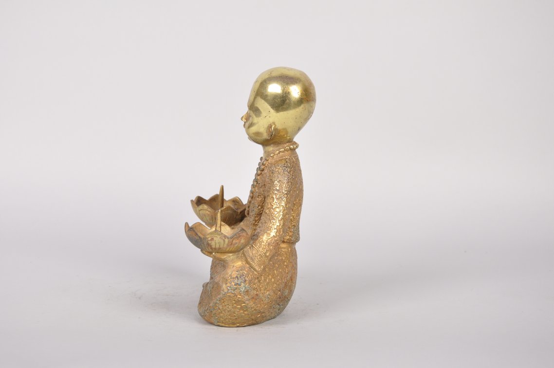 Monk Lotus Flower Bronze with Gold Gilt Candle Holder, photo 3 of 8