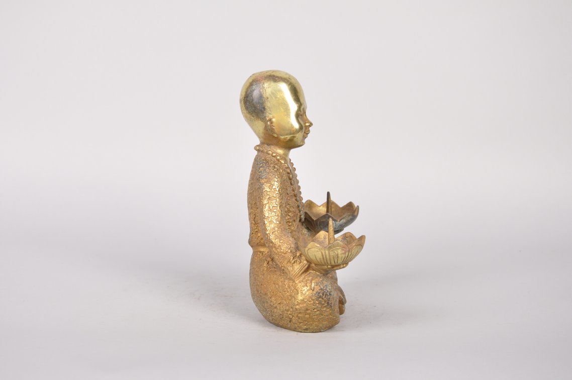 Monk Lotus Flower Bronze with Gold Gilt Candle Holder, photo 4 of 8