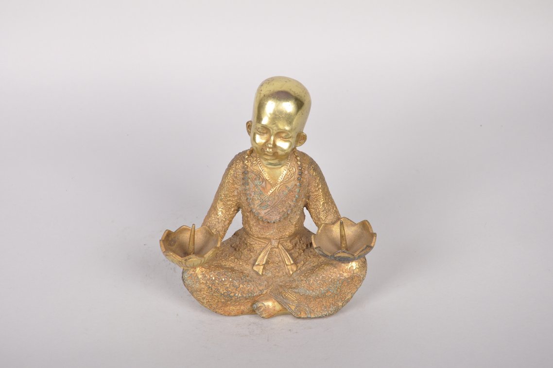 Monk Lotus Flower Bronze with Gold Gilt Candle Holder, photo 5 of 8