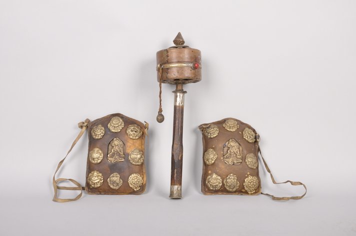 Tibetan Buddhist Prayer Wheel and Two Prayer Gau Bags
