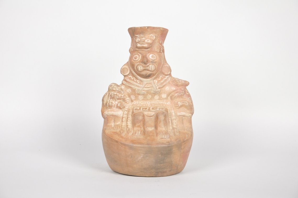 Moche Ai-Apec Chief God Ceramic Stirrup Spout Vessel, photo 2 of 6