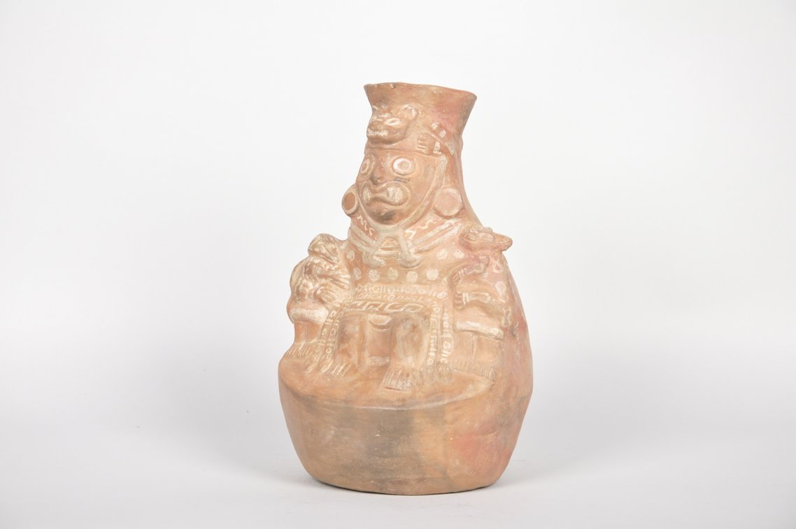 Moche Ai-Apec Chief God Ceramic Stirrup Spout Vessel, photo 3 of 6