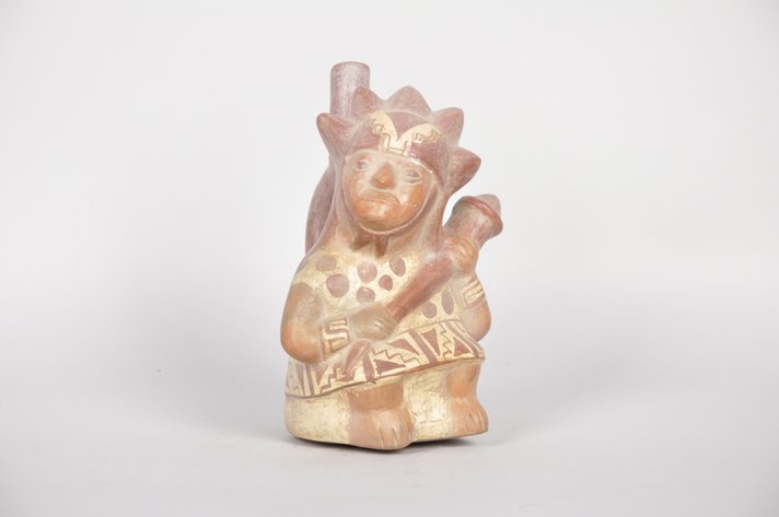 Restored Moche Warrior Figure Stirrup Spout Bottle