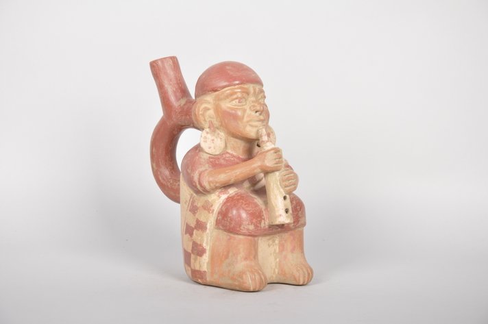 Moche Ceramic Stirrup Spout  Vessel Depicting a Musician
