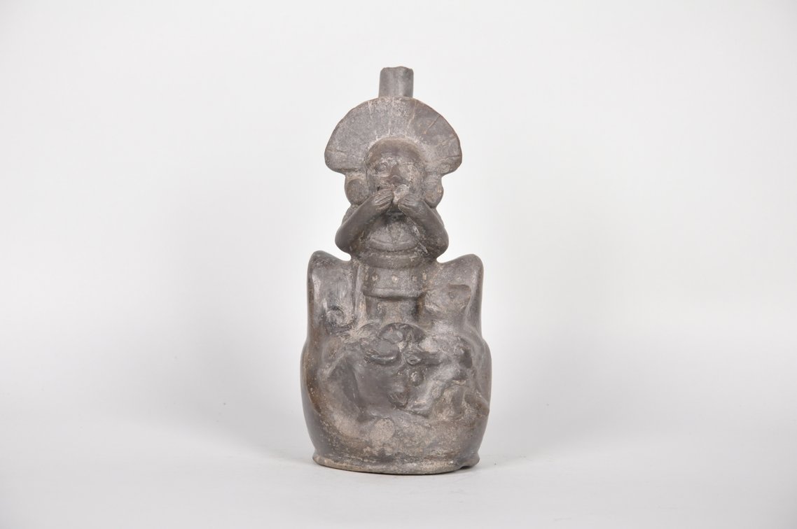 A Black Moche Stirrup Spout Multi-Figural Bottle, photo 2 of 6