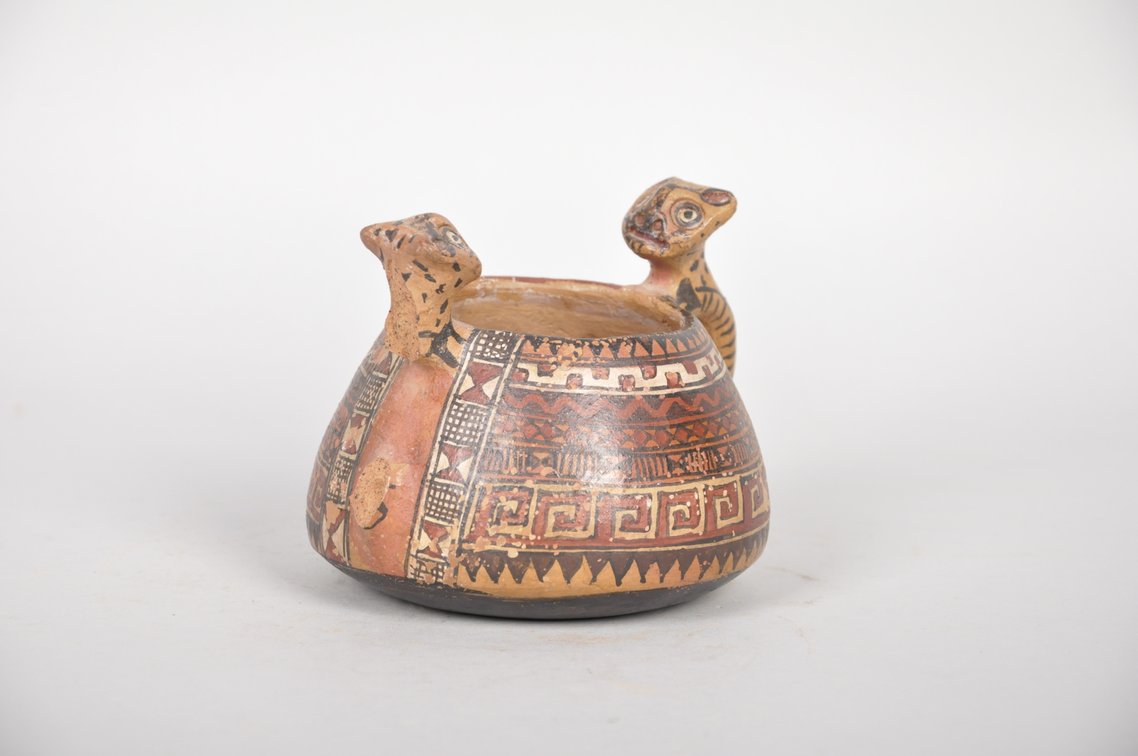 Pre Columbian Two Cat Handled Panted Vessel, photo 2 of 6