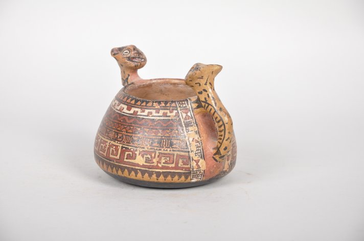 Pre Columbian Two Cat Handled Panted Vessel