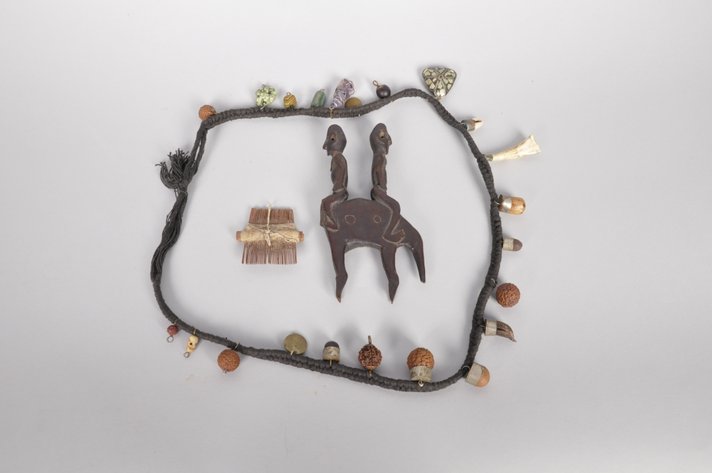 African Tantric Mala Charm Necklace, Wooden Sculpture, Comb