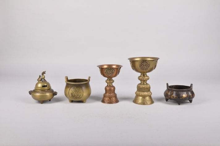 Tibetan Lamps, Chinese Censer, and Bowls