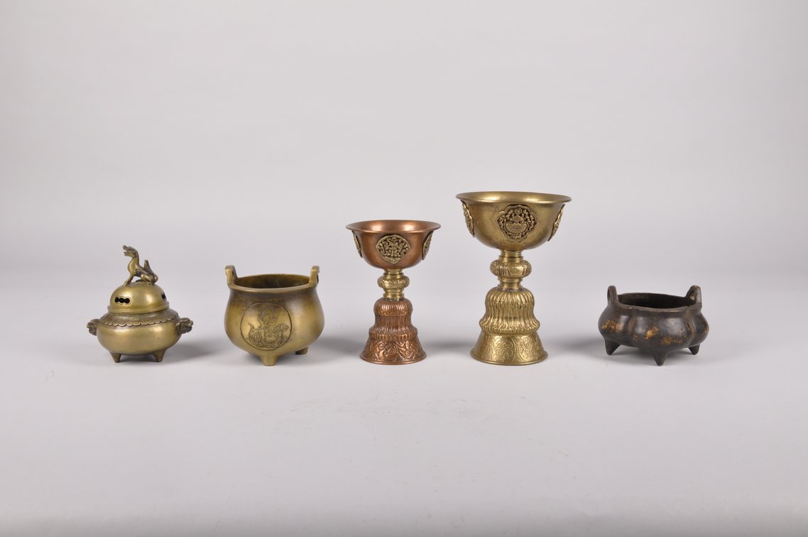 Tibetan Lamps, Chinese Censer, and Bowls, photo 2 of 20