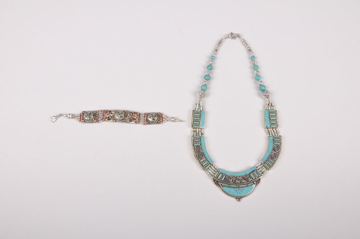 Sterling Silver Turquoise and Coral Necklace and Bracelet