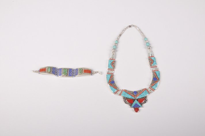 Sterling Silver Turquoise, Lapis, and Coral Necklace and Bracelet