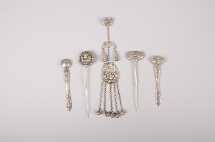 Silver Colored White Bronze Chinese Hairpins and Pendant