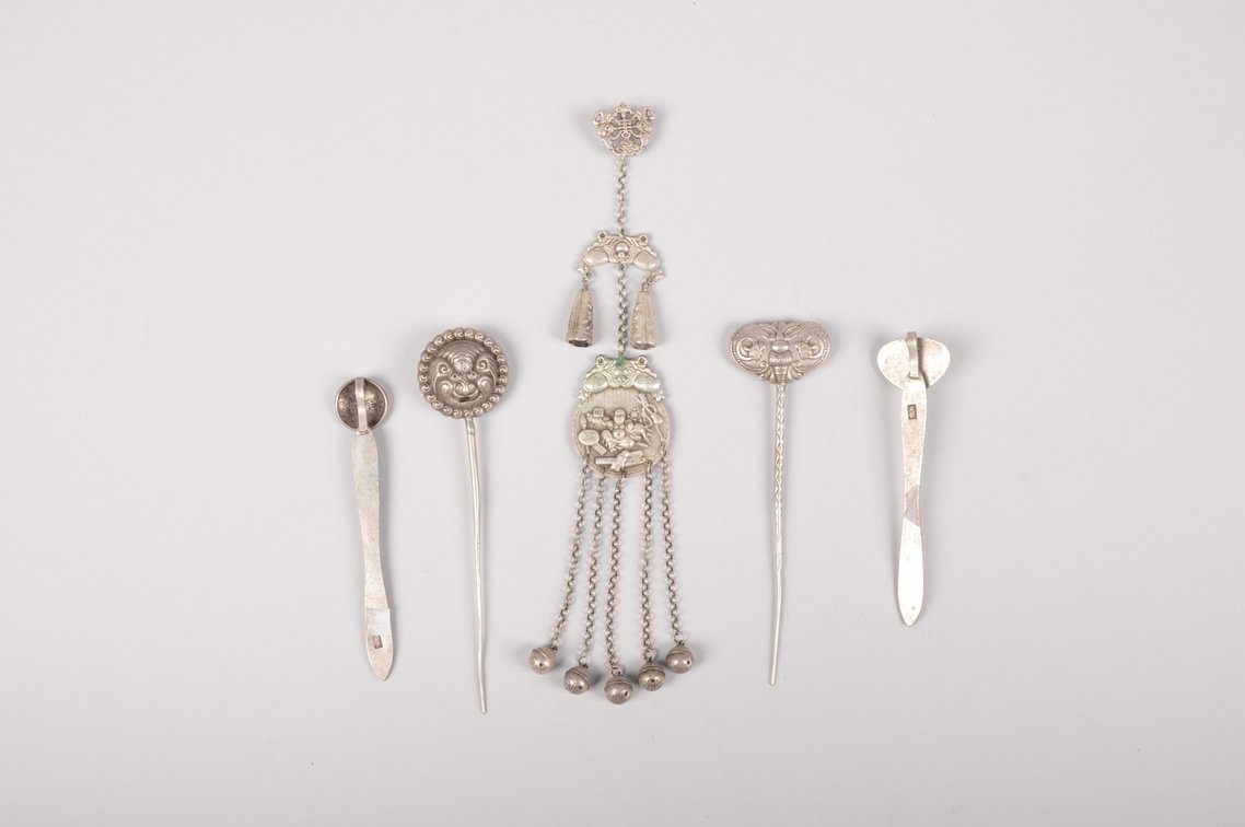 Silver Colored White Bronze Chinese Hairpins and Pendant, photo 7 of 22