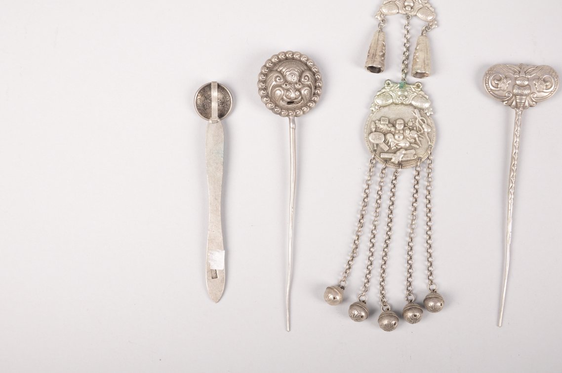 Silver Colored White Bronze Chinese Hairpins and Pendant, photo 9 of 22