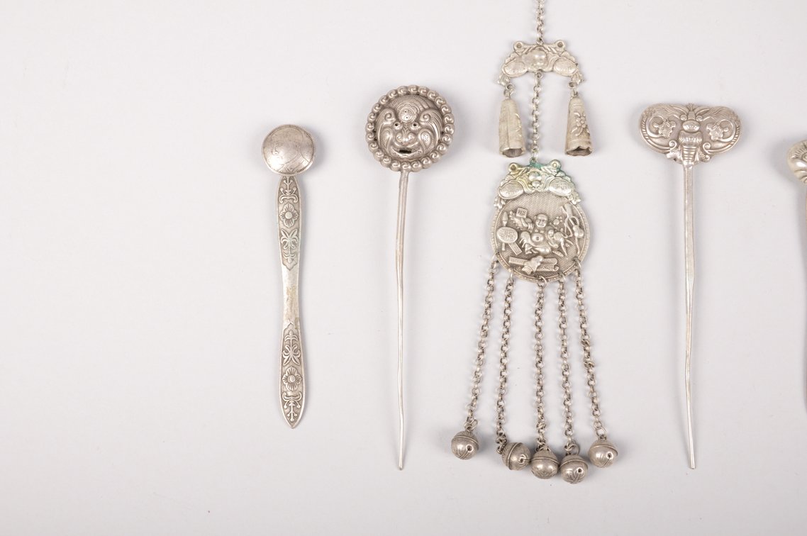 Silver Colored White Bronze Chinese Hairpins and Pendant, photo 3 of 22