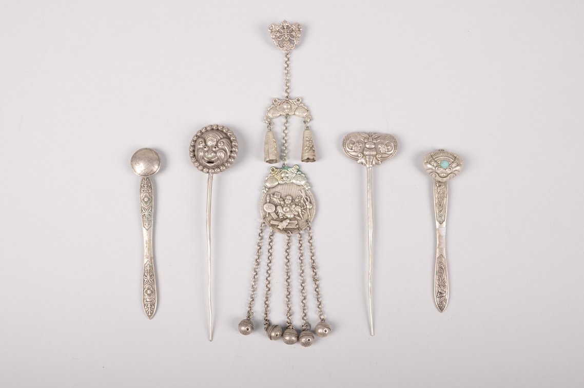 Silver Colored White Bronze Chinese Hairpins and Pendant, photo 4 of 22