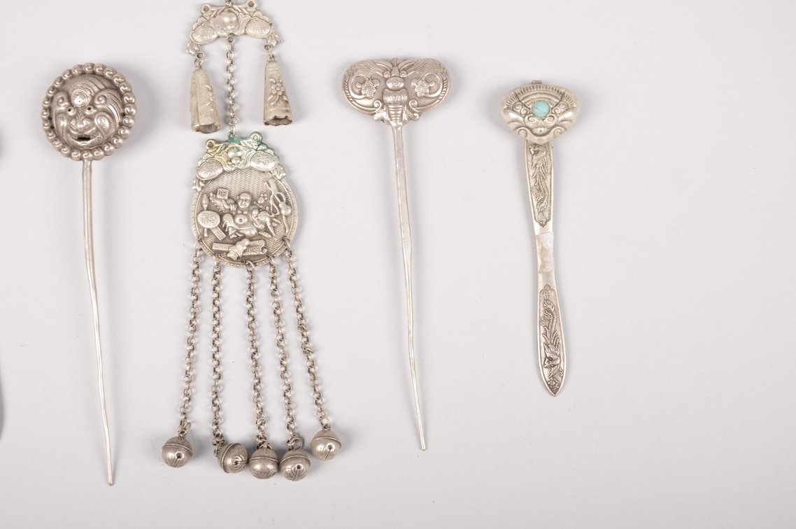 Silver Colored White Bronze Chinese Hairpins and Pendant, photo 5 of 22