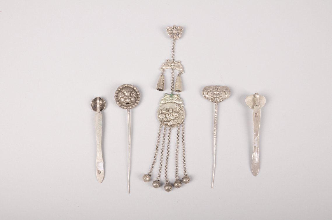 Silver Colored White Bronze Chinese Hairpins and Pendant, photo 10 of 22