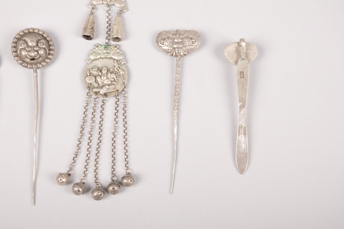Silver Colored White Bronze Chinese Hairpins and Pendant, photo 11 of 22