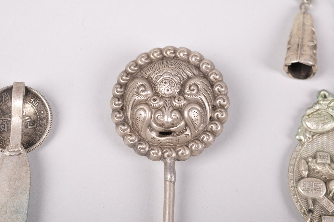 Silver Colored White Bronze Chinese Hairpins and Pendant, photo 21 of 22