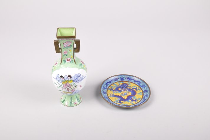 Chinese Cloisonne Enamel Vase and Plate