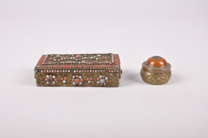 Tibetan Brass Coral Turquoise Box and Small Round Box
