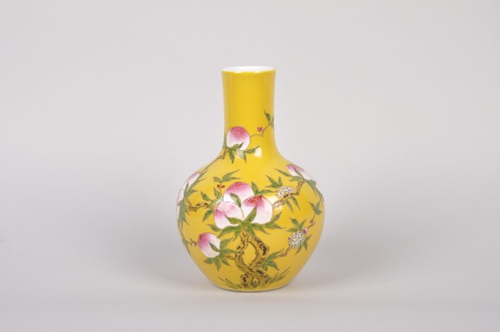 Chinese Yellow Porcelain Vase with Peach Design