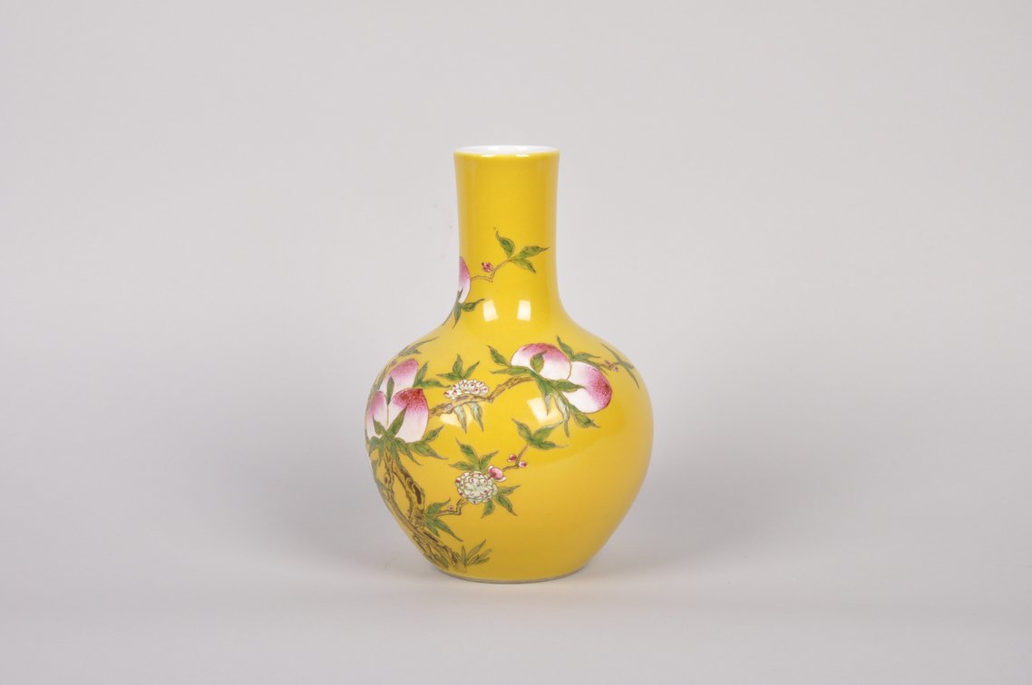 Chinese Yellow Porcelain Vase with Peach Design, photo 3 of 8