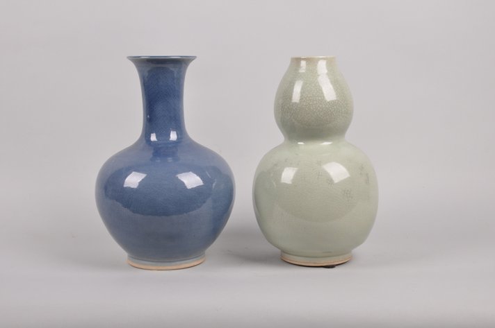 Two Thailand Crackle Glazed Blue and Celedon Vases