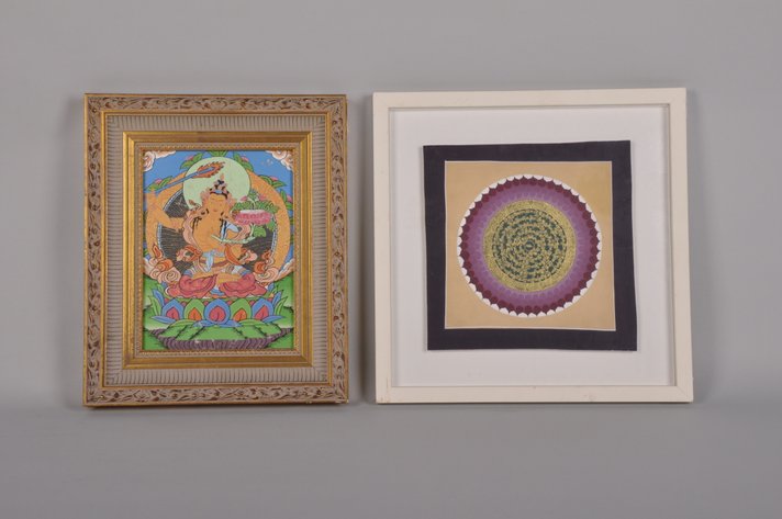 Tibetan Buddhist Thangka Painting and a Colorful Mandala